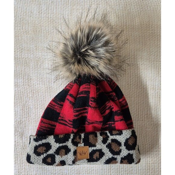 Panache Ladies Beanie One Size Animal Print Faux Fur Pom Red Buffalo Plaid Knit - Picture 1 of 9